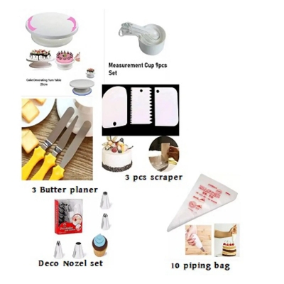 Picture of 6C Cake Combo Turntable & 12 Pcs Nozzle Set & 3 pieces Butter Planer & Measuring Spoon Cup Set & 3 pieces Scraper & 10 Pieces Pipping Bags (6 products) -Multicolor
