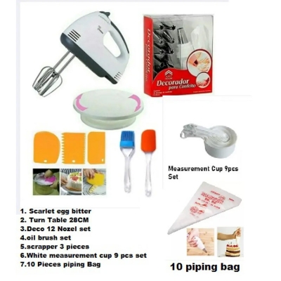 Picture of Cake Combo Scarlet Egg Bitter , Turn Table , Deco 12 Nozel , Oil Brush set , scrapper 3 pcs set , white Measurement cup set , 10 pcs piping Bag -Multicolor