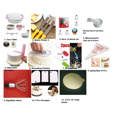 Picture of Cake Full Combo Turn Table 3 Butter Planer Deco 12 nozel set  Measurement cup 9 pic set Adjustable Planer Long  Cream Polisher  Oil Brush set 10 pcs piping Bag Hand Egg Bitter silver  3 pcs scrapper 10inches 3 pcs Round Cake Board -Multicolor