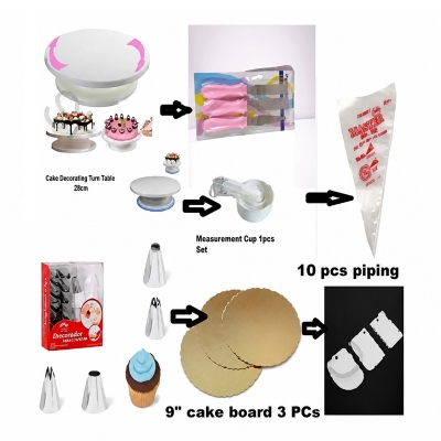 Picture of 7 A Of Combo Set Cake Decoration Turntable , 12 Pieces Steel Nozzle Set , 3 pieces planner , Measuring Spoon Set , 3 pieces Plastic Cream Scraper ,10 Pieces Pipping Bags & 3 pieces cake Board -Multicolor