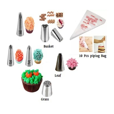 Picture of Nozel Set 1M , 2D , 2F , Leaf , Grass , Busket + 10 Pieces Piping Bag -Silver