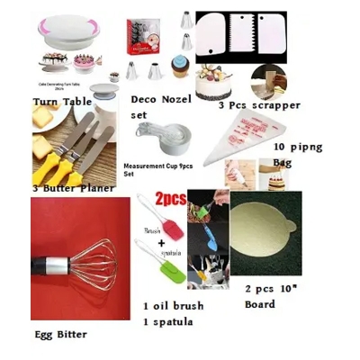 Picture of Turn table 3 pcs butter planer nozel 12 set white measurement cup 9 pieces 3 pieces scrapper 10 pcs piping bag  2 pieces brush 1 oil brush 1 spacula 2 pieces 10 inches round cake board 1 egg bitter silver heavy -Multicolor