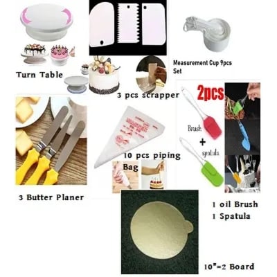 Picture of Turn Table +3 Pcs Butter set + White Measurement Cup set 9 Pieces + 3 Pieces Scrapper Set + 10  Pcs Piping Bag + 2 Pieces Brush Set ( 1 oil Brush + 1 Spacula) +  2 Pieces 10" Round Cake Board -Multicolor