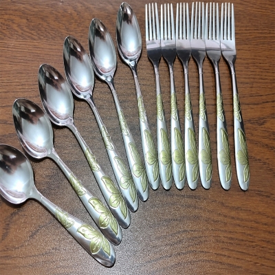 Picture of Stainless Steel 6 + 6 Spoon + Fork Set - 12 Pcs Multi Design Silver with Golden Shade -Silver