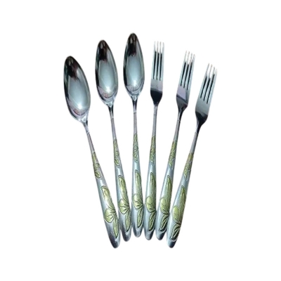 Picture of Stainless Steel 3 + 3 Spoon + Fork Set - 6  Pcs Multi Design Silver with Golden Shade -Silver