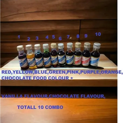 Picture of Rayners Food Colour 10 Pieces Combo pack Red , Yellow , Blue , Green , Pink , Purple  , Orange , Chocolate Food Colour + Vanilla Essence + Chocolate Food Colour Totall 10 Pieces Combo