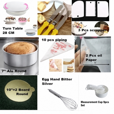 Picture of 9CX Combo Turn Table + 3 Butter Planer+3 Pcs Scrapper+7" Alu Round +10 Piping Bag+2 Pcs Oil Paper + 10"=2 Round Board+ Hand Egg Bitter Silver+ White Measurement Cup Set -Multicolor