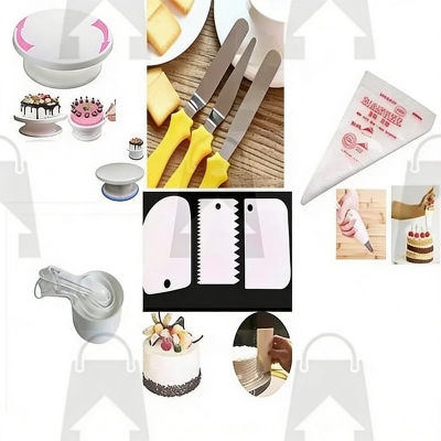 Picture of Combo Of Turn Table +3 Butter planer set + 3 pcs Scrapper + White 9 pcs Measurement cup set + 10 Pieces Piping Bag -Multicolor