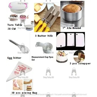 Picture of Combo Turn Table with 3 Butter Nife With 7" Alu Round with Egg Bitter silver With Measurement Cup of 9 Pcs With Scrapper 3 pcs 10 Pcs Piping Bag -Multicolor