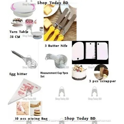 Picture of COMBO SET Turn Table 28 Cm With 3 Butter planer With Egg Bitter Silver With White M Cup set of 9 With scrapper 3 Pcs With 10 Pcs Piping Bag -Multicolor