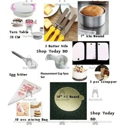 Picture of Turn Table with 3 Butter planer with white measurement cup 9 pcs set with scrapper 3 pcs with 10 piping bag with 7” Alu Round with Egg bitter Silver With 10 inches 2 Board Round -Multicolor