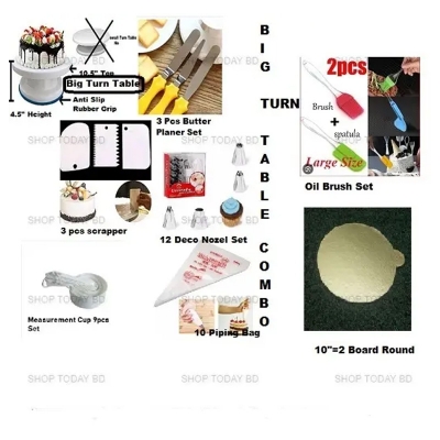 Picture of Big Cake Turn Table  8 Combo Turn Table Big  +  12 & 3 Nozel Set + 3 Nife + 2 Oil Brush + 9 M set Cup + 3 Scrapper + 10" 2 Board + 10 Piping Bag -Multicolor