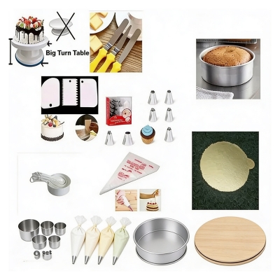 Picture of Big Turn Table Combo 8 A Combo Turn Table Full , 12 Deco Nozel , 3 Butter spread , 7" Round Mold , White M Cup set , 3 Scrapper , 10 piping Bag , 10" Cake Board 2 Pcs -Multicolor