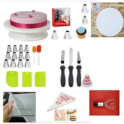Picture of 10X Combo Turn Table, Deco set, 1 Cake Board, wmc, oil brush, 3 Butter planer, scrapper, oil paper 2 Pcs, 10 piping, Bag Hand Egg bitter -Multicolor