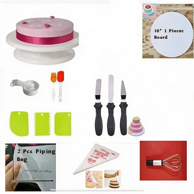 Picture of 9X Combo Turn Table, 1 Cake Board, wmc, oil brush, 3 Butter planer, scrapper, oil paper 2 Pcs, 10 piping, Bag Hand Egg bitter -Multicolor