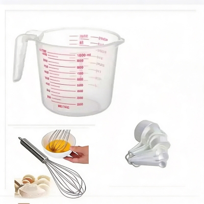 Picture of Measuring combo pack Of 3 items measerment cup set 9 piece set with white & plastic measuring mug 1000 ml  with egg bitter silver -Multicolor