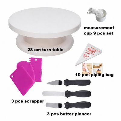Picture of 5 combo of Turn table with 3 butter planer set with 3 pcs scrapper with measurement cup set of 9 with 10 pcs piping bag -Multicolor