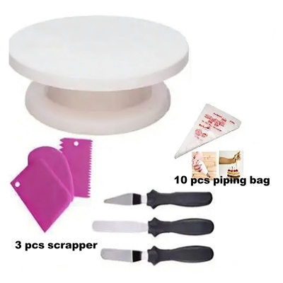 Picture of 4 combo of Turn table with 3 butter planer set with 3 pcs scrapper with 10 pcs piping bag -Multicolor