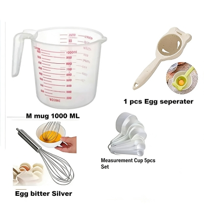 Picture of Measuring combo pack Of 4 items measerment cup set 9 piece set with white & plastic measuring mug 1000 ml with egg bitter silver with egg seperater -Multicolor