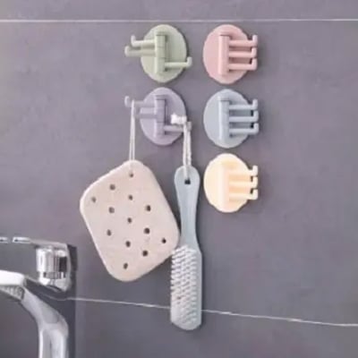 Picture of Bathroom and kitchen wall seamless paste 3-branch rotating hook multi-functional clothes hook sticky hook three-prong hook 3 Piece -Multicolor