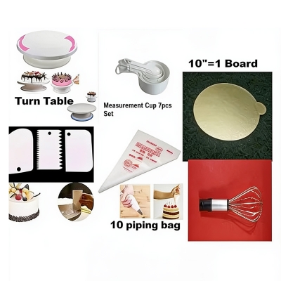 Picture of 6x combo Turn table measurement cup 9 pcs set 3 pcs scrapper 10 pcs piping bag 10" cake board 1 pcs &  egg bitter heavy -Multicolor