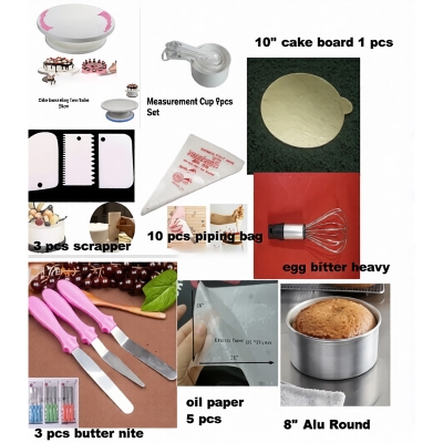 Picture of 9X Cake Baking Combo Turn table measurement cup set 9 pcs set scrapper 3 pcs set 10 pcs piping bag 3 butter nife planer oil paper 5 pcs 10" cake board 1 pcs egg bitter heavy and 7" alu round mold -Multicolor