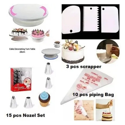 Picture of 4P Cake Decorating turntable combo pack turn table 12 pcs deco nozel set 3 pcs scrapper set 10 pcs piping bag -Multicolor