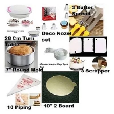 Picture of 8A Combo of Turn Table  12 Deco Nozel  3 Butter spread  7" Round Mold  White M Cup set  3 Scrapper  10 piping Bag  10" Cake Board 2 Pcs -Multicolor