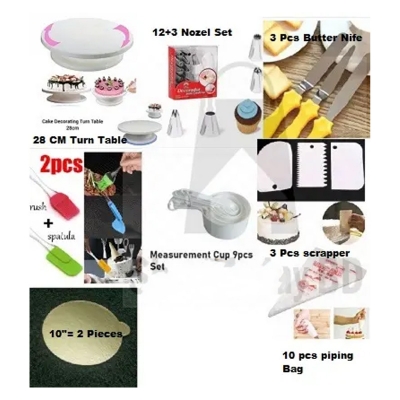 Picture of 8X of Combo Cake Turn Table + 12 & 3 Nozel Set + 3 Nife + 2 Oil Brush + 9 M set Cup + 3 Scrapper + 10" 2 Board + 10 Piping Bag -Multicolor