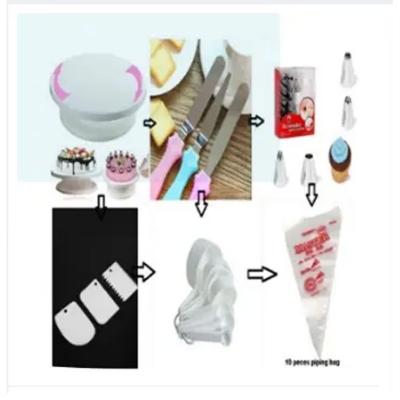 Picture of 6C of cake  Combo Turntable , 12 Pieces Of Stainless Steel Nozzle Set , 3 pieces of cake planner , Measuring Spoon Cup Set , 3 pieces Plastic Cream Scraper & 10 Pieces Pipping Bags -Multicolor
