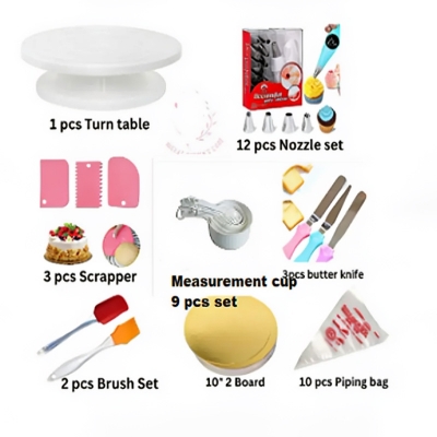 Picture of 8 in 1 Combo Set Turntable  12 Nozzles  3 Butter planer  2 Oil Brushes  9 Measuring Cups  3 Scrapers 2 Boards round 10 Inches and 10 Piping bags - Perfect for Bakers and Cake Enthusiasts Complete Cake Decorating tools Measurements -Multicolor