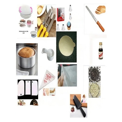Picture of 14C Big Combo Turn table Deco Nozel set 3 Butter planer Measurement cup 9 pcs 3 scrapper set 10 pcs piping bag 7 Inches Alu round 10incehs 1 cake round board 2 pcs oil paper 10 Inches bread cutter vanilla essence white and black chips 100 gm cake slicer -Multicolor