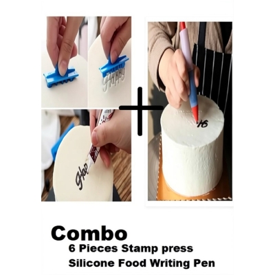 Picture of Combo of 2 product 6 pieces Cake Baking Molds Alphabet Letter Words Cookie Press Stamp And Silicone Food Writing Pen -Multicolor