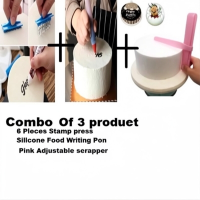 Picture of Combo of 3 product 6 pieces Cake Baking Molds Alphabet Letter Words Cookie Press Stamp + Silicone Food Writing Pen + Adjustable Height Cake Smoother Cream Scraper Spatula -Multicolor