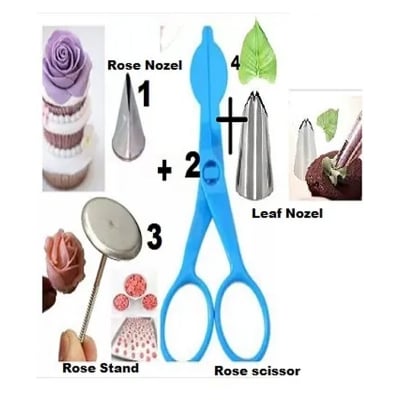Picture of RRR + Leaf Nozel ( Rose Stand 1 Pcs + Rose Nozzle 1Pcs + Cake flower nail 1Pcs + Leaf Nozel for Cake Decoration 4 pieces set ) -Multicolor