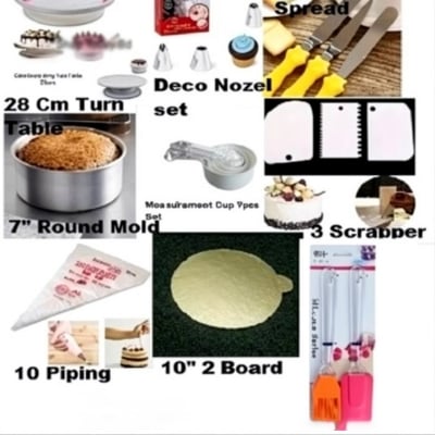 Picture of Turn Table Deco 12 Nozel set 3 Butter planer 7" Alu round Measurement cup set 3 scrapper set 10 piping bag oil brush set 10" board 2 pcs -Multicolor