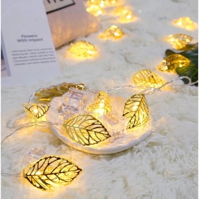 Picture of Metal Fairy light 3d leaf shape golden color current driven pieces set - Gold