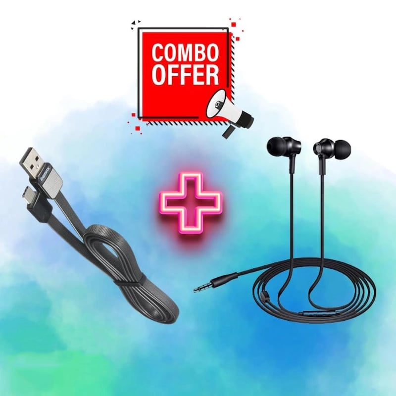 Picture of Remax Combo 2 in 1 Offer For Remax Rm 512 Earphone + Remax Type C Cable - Headphone - Ear Phone - Multicolor