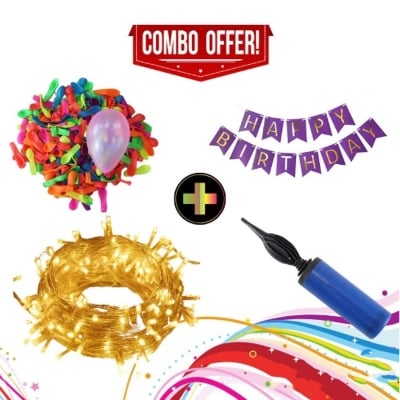 Picture of 4 in 1 Birthday Pack Combo Offer for Happy birthday Card Banner, Golden Fairy light, ballon Pumper & 200 Piece mini ballon - Multicolor