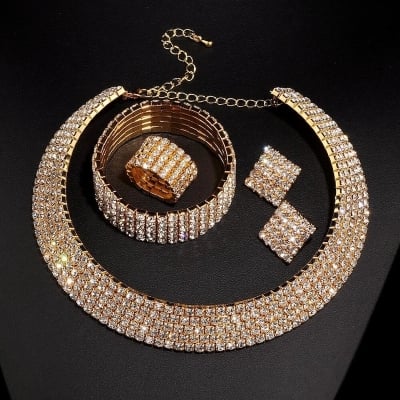 Picture of Luxury Romantic Crystal Wedding Jewelry Sets Gold Color Bridal Necklace Earrings Bracelets Ring Sets For Women - Necklace For Girls - Gold