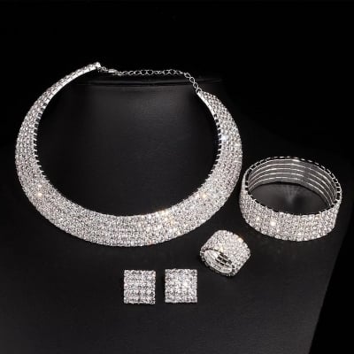 Picture of Luxury Romantic Crystal Wedding Jewelry Sets Silver Color Bridal Necklace Earrings Bracelets Ring Sets For Women - Necklace For Girls - Silver