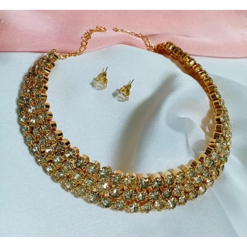 Picture of Gold Stone Choker Necklace set With Earring Wedding Bridalchoker necklace set (3 line Stone) For Women - Necklace For Girls - Necklace For Girls - Gold