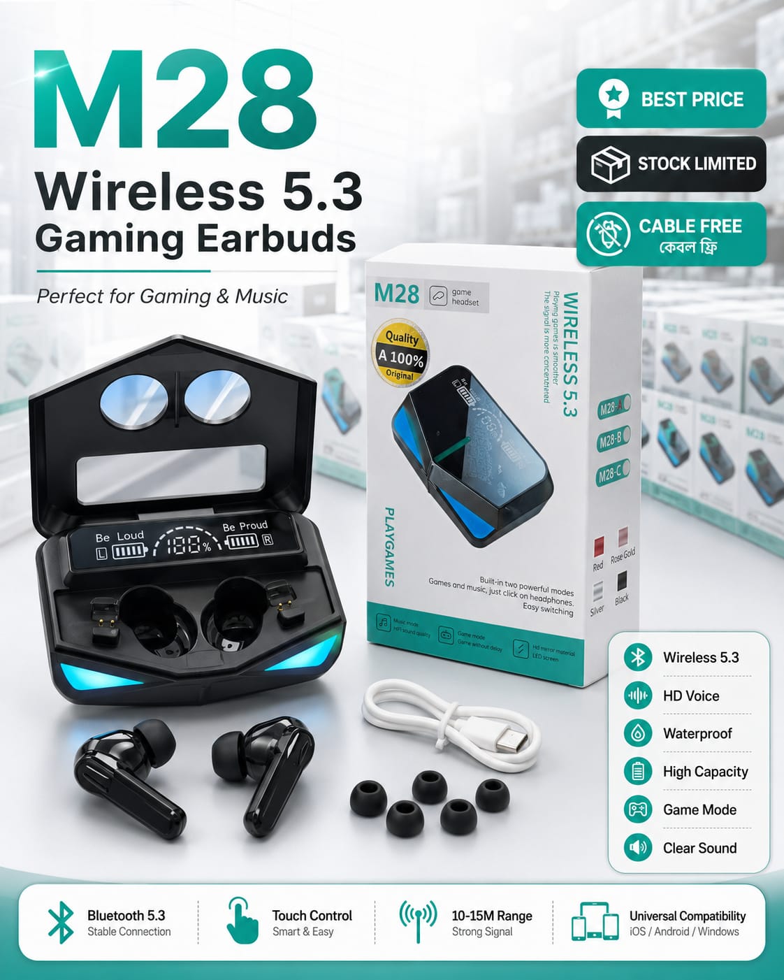 Picture of M28 TWS Bluetooth 5.1 Gaming Headset Dual Mode Wireless Earphones Sports Stereo Sound Low Latency LED Digital Display Smart Touch Earphone