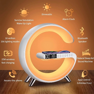 Picture of G63 Speaker Lamp - APP Control 3 in 1 Multi-Function Bluetooth Speaker With Wireless Charging, RGB Light and Alarm Clock - Charger G Lamp with Sunrise Alarm for Bedroom & Bedside table (G Speaker)