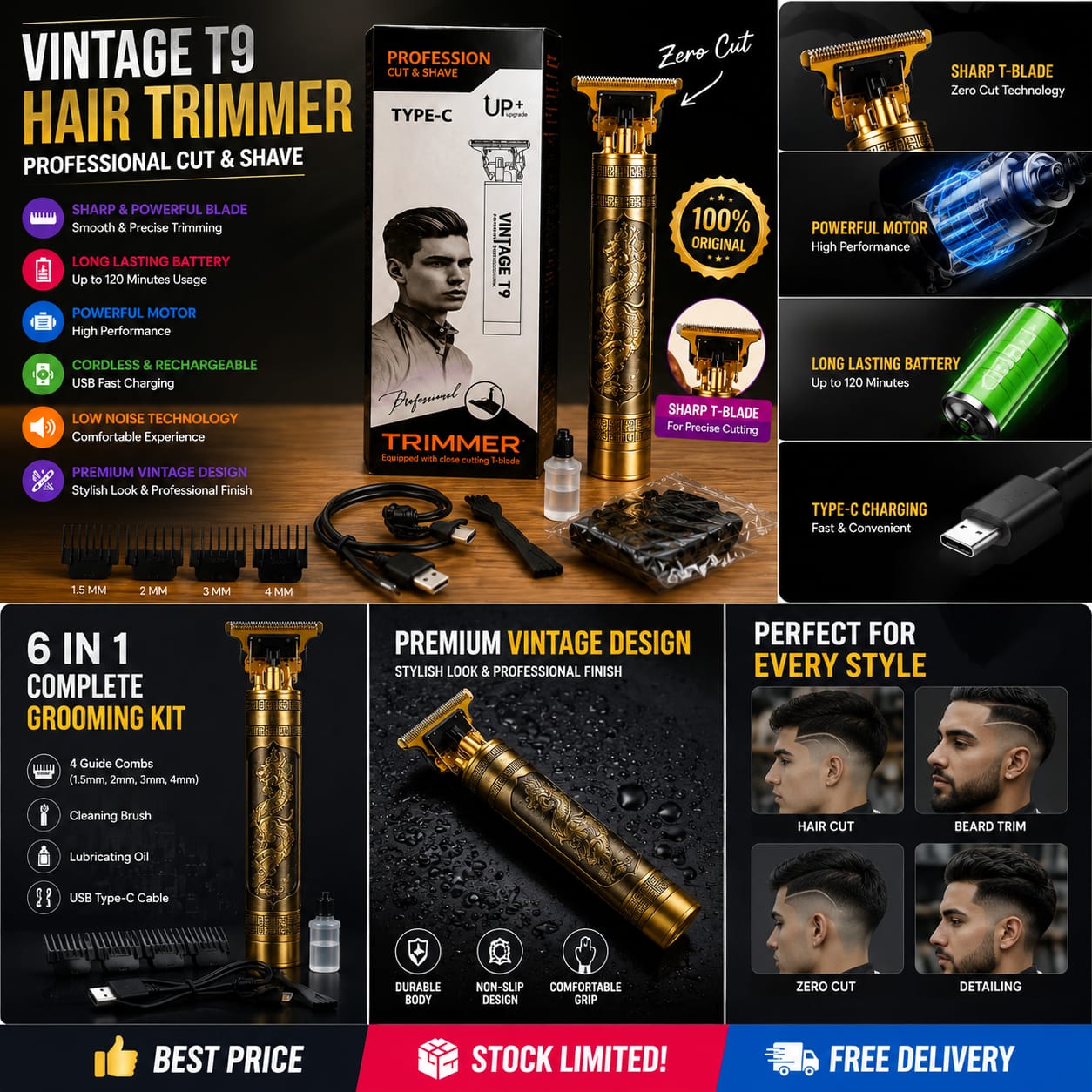 Picture of Vintage T9 Hair Cutting Machine Hair Trimmer Electric Hair Clippers Shaver Beard Trimmer Men Hair Cutting T Style Machine Rechargeable Hair Trimmer by latfu accessories