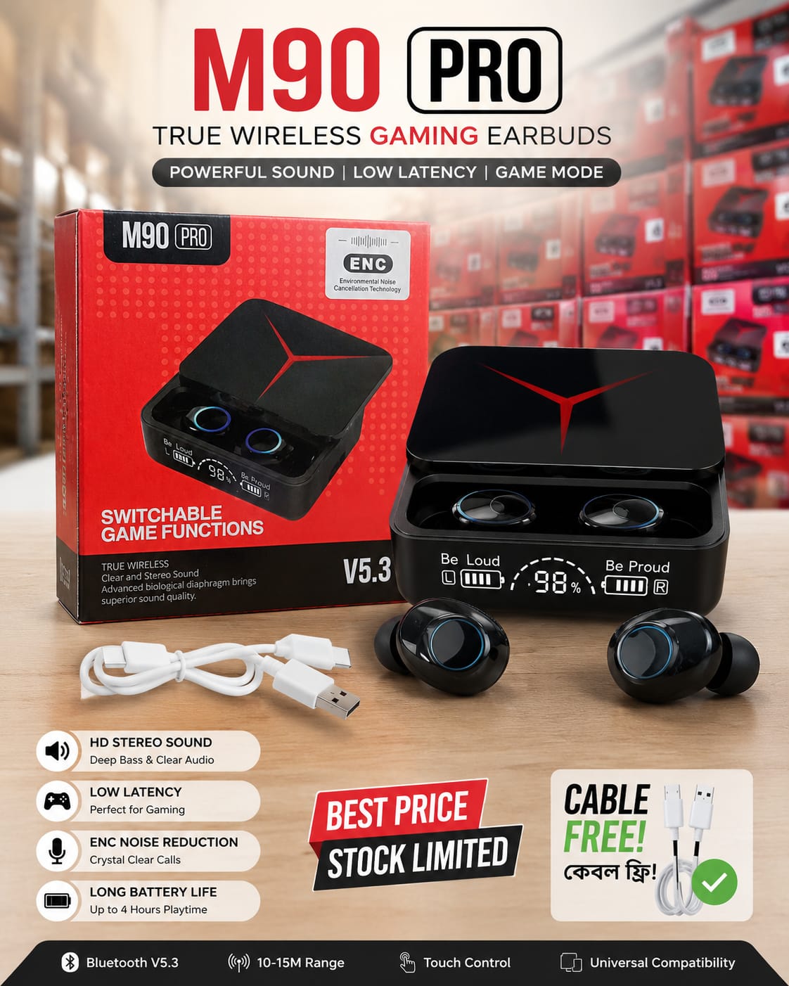 Picture of M90 Pro TWS Digital Display Earbuds with HD Voice Noise Cancelling Bluetooth Feature By Latfu