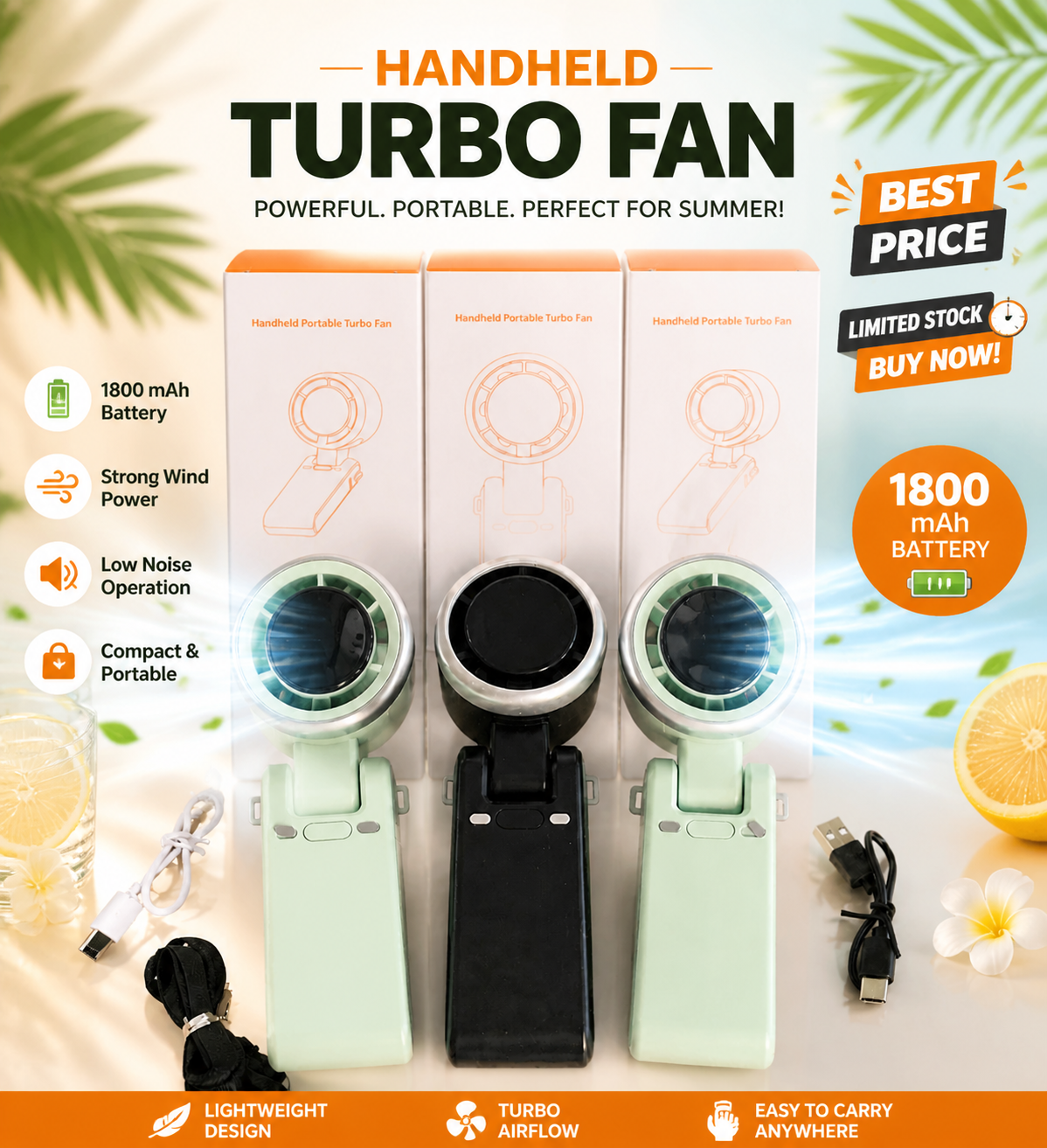 Picture of Premium Mini Turbo Fan 1800mAh USB Rechargeable Handheld Fan – Portable, Strong Airflow, Low Noise