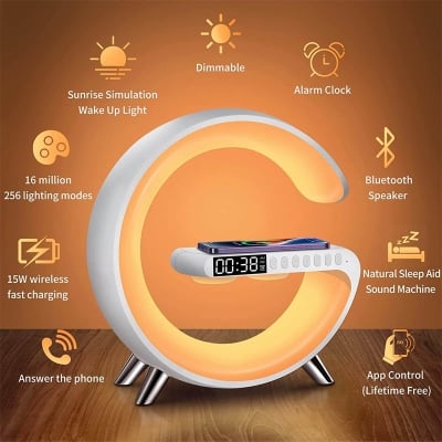 Picture of G63 Speaker Lamp - APP Control 3 in 1 Multi-Function Bluetooth Speaker With Wireless Charging, RGB Light and Alarm Clock - Charger G Lamp with Sunrise Alarm for Bedroom & Bedside table (G Speaker)