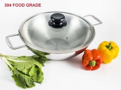 Picture of Stainless Steel 3 Layer Wok with Glass Lid and SS Handle 304 FOOD GRADE (Silver34CM)