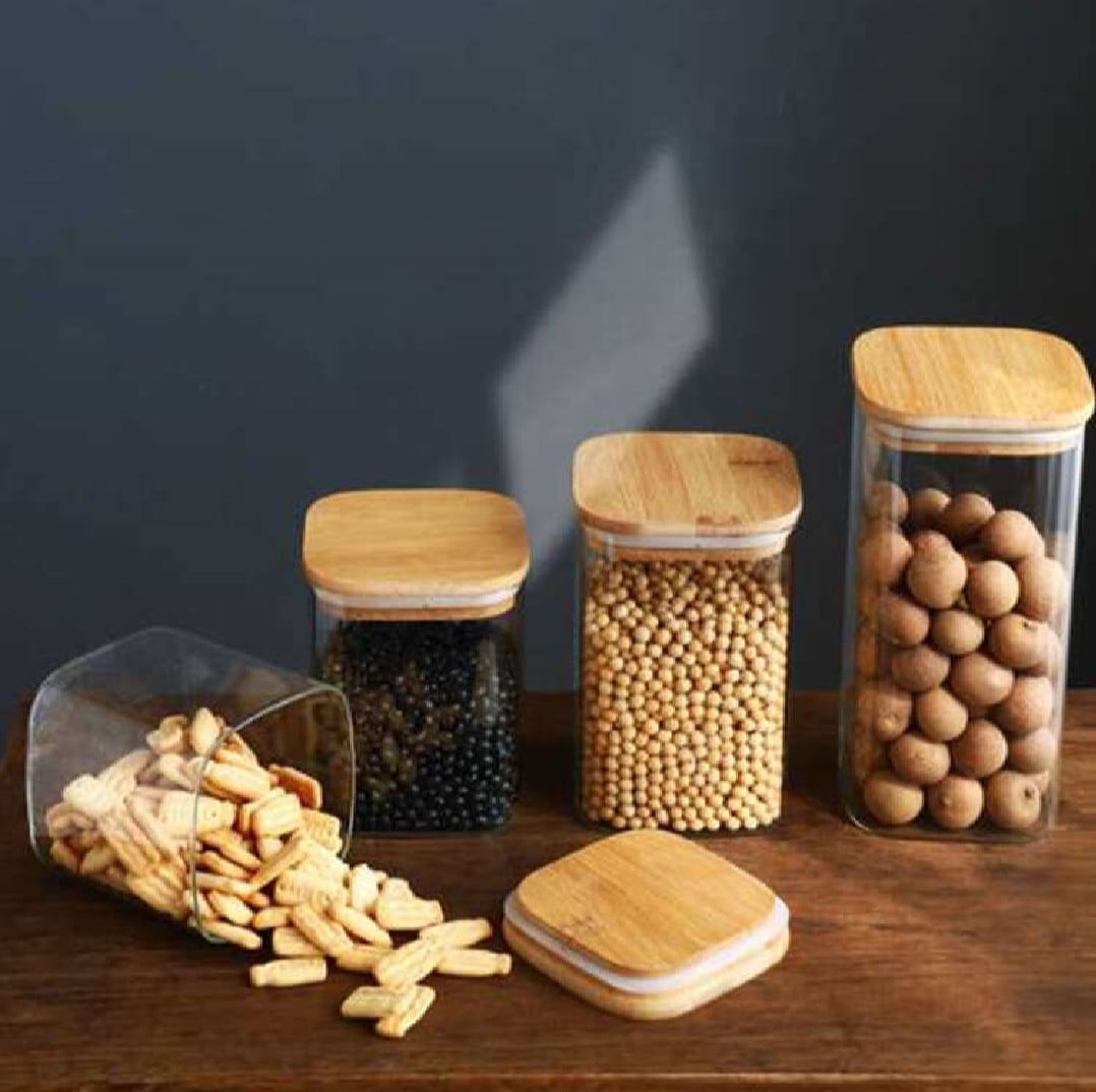 Picture of 1PC Square Airtight Glass Jars Container with Bamboo Lid for Kitchen Food Snack Seasoning Pasta Storage Bottle Seal Glass Container (Multicolor1150ML)